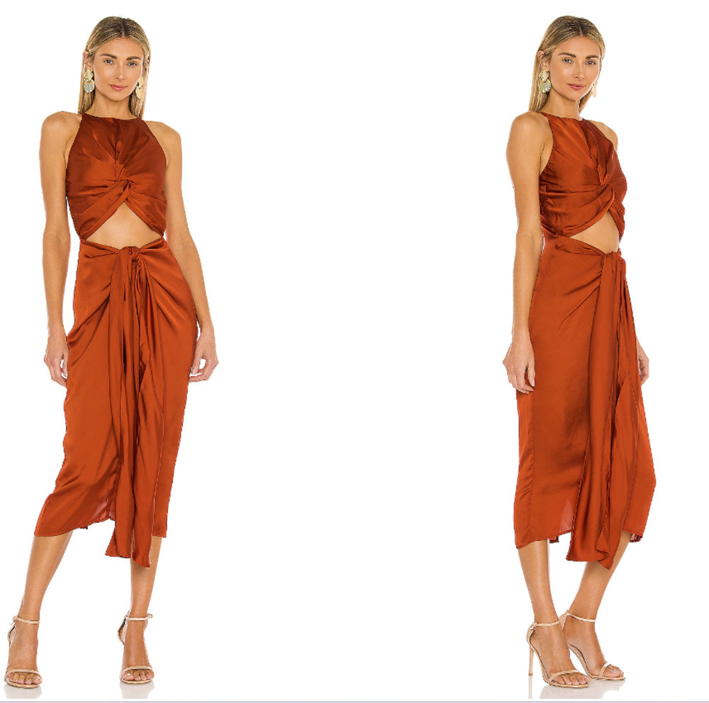 NWT Andrea Iyamah Reni Knotted Midi Dress Size L US 10 - 12 Orange #9A609